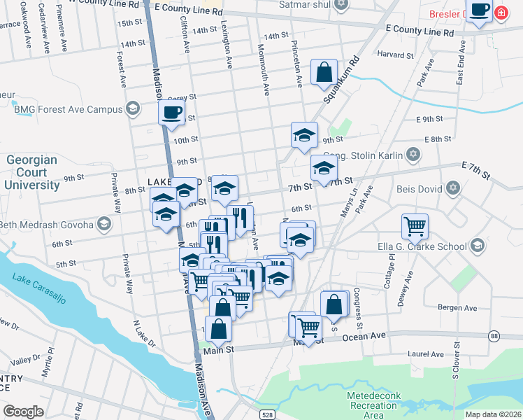map of restaurants, bars, coffee shops, grocery stores, and more near 129 6th Street in Lakewood