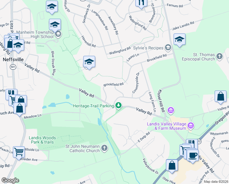 map of restaurants, bars, coffee shops, grocery stores, and more near 2713 Brookfield Road in Lancaster