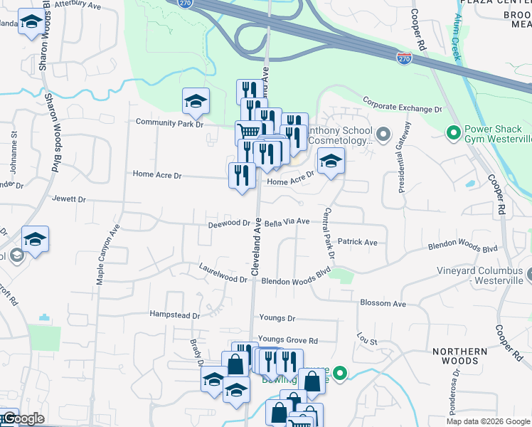 map of restaurants, bars, coffee shops, grocery stores, and more near 6050 Cleveland Avenue in Columbus