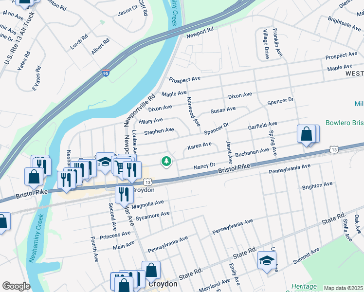 map of restaurants, bars, coffee shops, grocery stores, and more near 1107 Karen Ave in Croydon