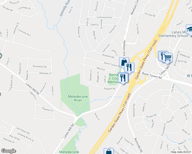 map of restaurants, bars, coffee shops, grocery stores, and more near 16 Skipper Lane in Brick Township