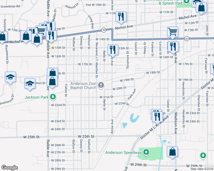 map of restaurants, bars, coffee shops, grocery stores, and more near 1914 Nelle Street in Anderson
