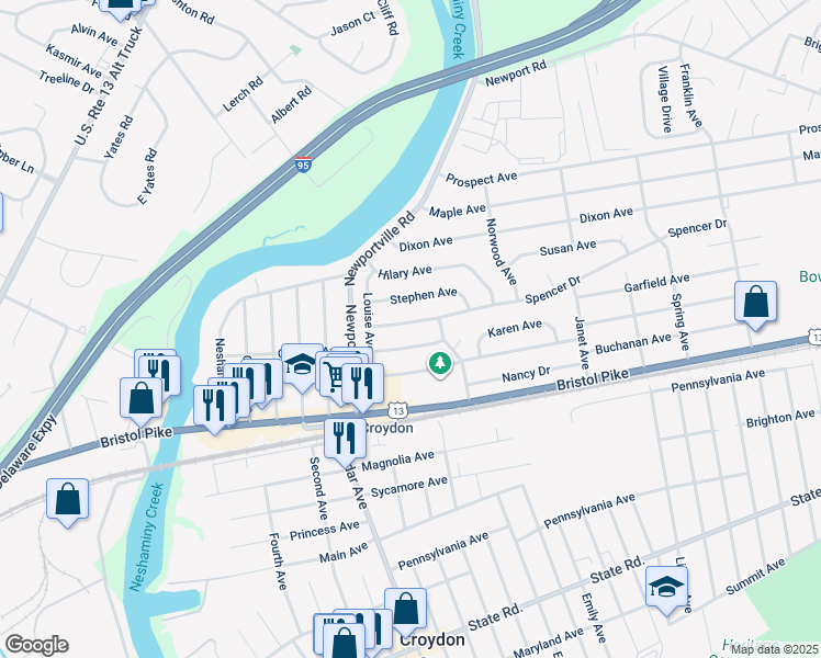 map of restaurants, bars, coffee shops, grocery stores, and more near 910 Spencer Drive in Croydon