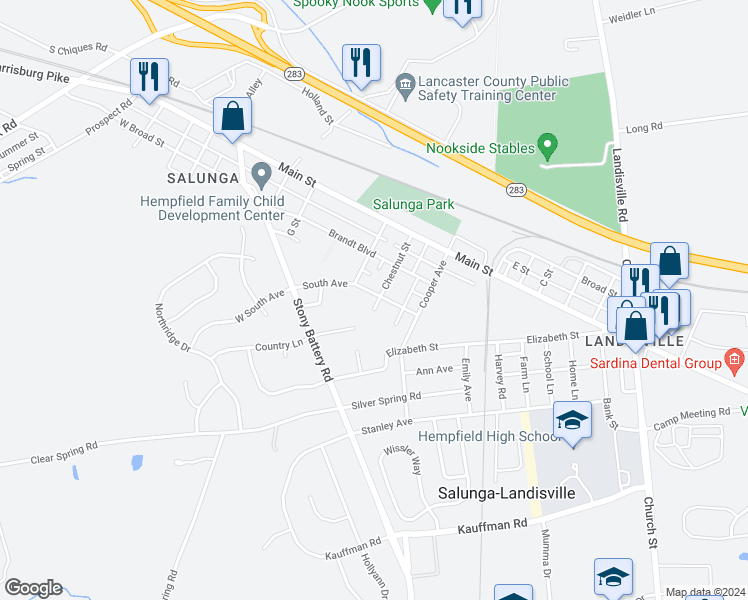 map of restaurants, bars, coffee shops, grocery stores, and more near 176 Chestnut Street in Salunga-Landisville