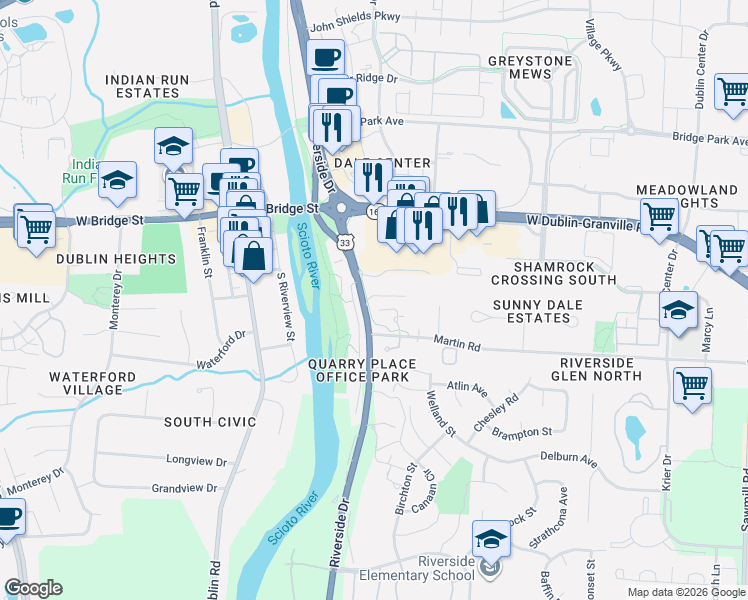 map of restaurants, bars, coffee shops, grocery stores, and more near 6310 Riverside Drive in Dublin
