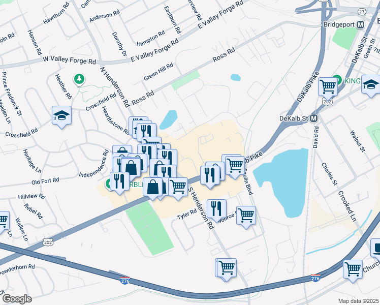 map of restaurants, bars, coffee shops, grocery stores, and more near 132 Ivy Lane in King of Prussia