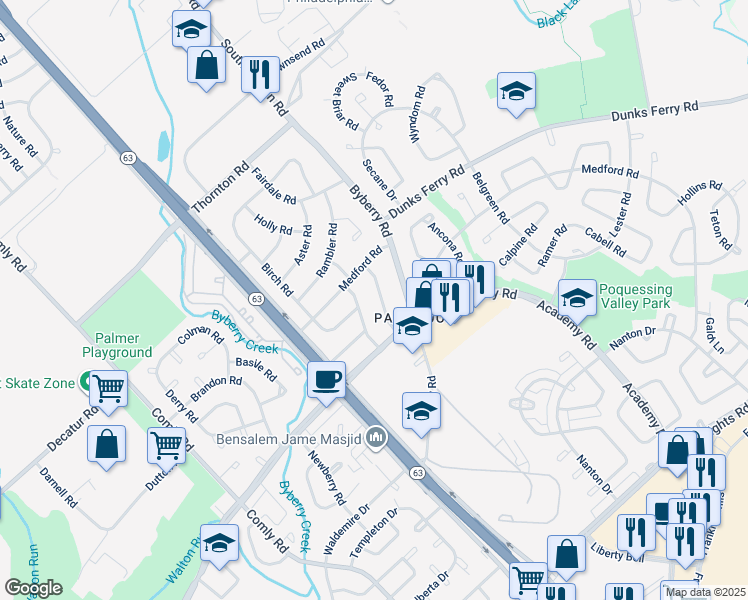 map of restaurants, bars, coffee shops, grocery stores, and more near 3332 Morning Glory Road in Philadelphia