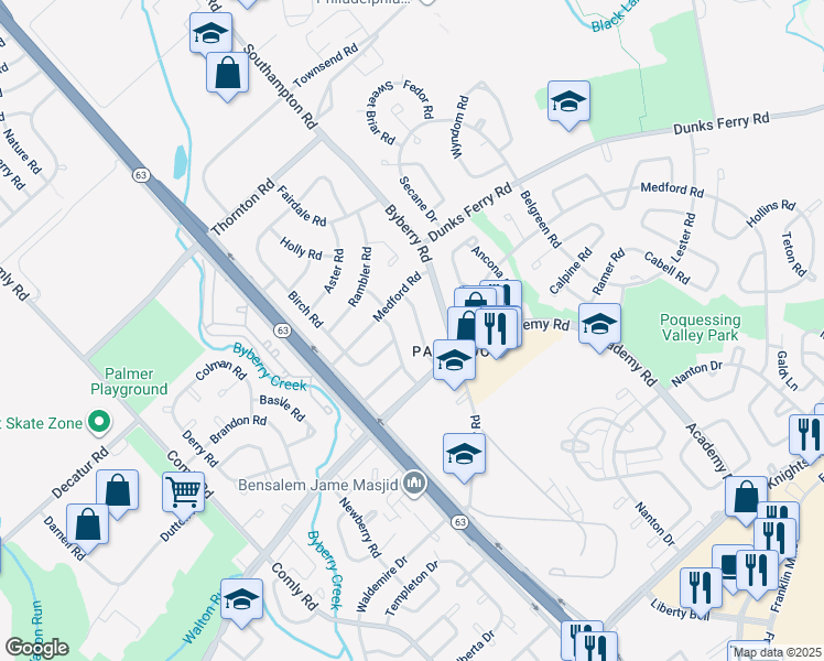 map of restaurants, bars, coffee shops, grocery stores, and more near 3332 Morning Glory Road in Philadelphia