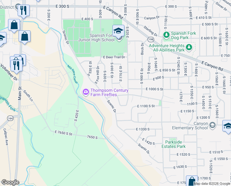 map of restaurants, bars, coffee shops, grocery stores, and more near 723 East 1050 South in Spanish Fork