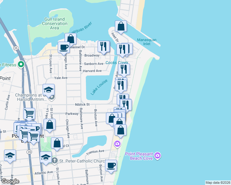 map of restaurants, bars, coffee shops, grocery stores, and more near 229 Ocean Avenue in Point Pleasant Beach