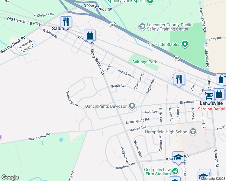 map of restaurants, bars, coffee shops, grocery stores, and more near 200 Stony Battery Road in Salunga-Landisville