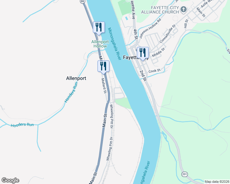 map of restaurants, bars, coffee shops, grocery stores, and more near 112 2nd Street in Allenport