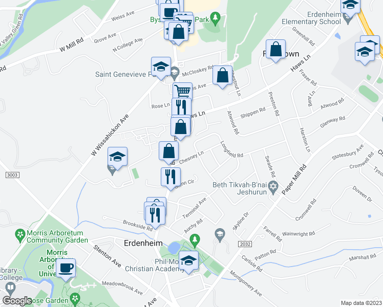 map of restaurants, bars, coffee shops, grocery stores, and more near 15 Chesney Lane in Erdenheim