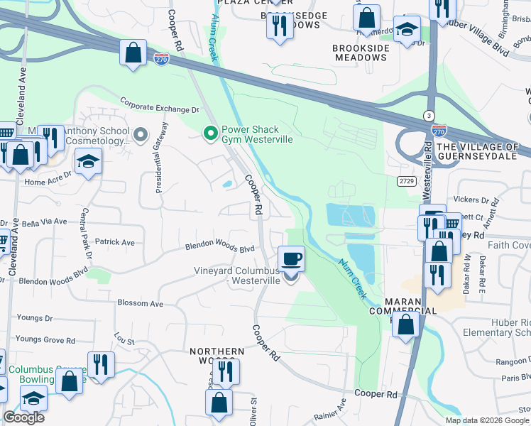map of restaurants, bars, coffee shops, grocery stores, and more near 6105 Pelican Pointe in Columbus