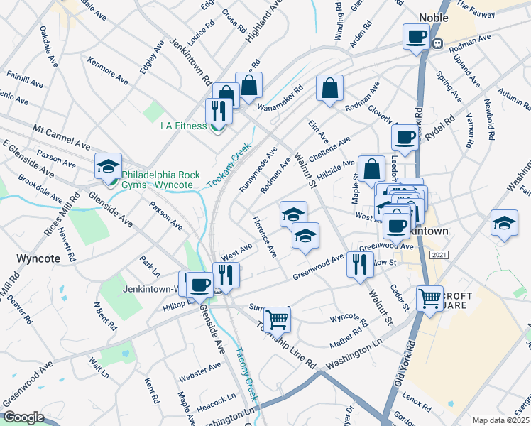 map of restaurants, bars, coffee shops, grocery stores, and more near 206 Hillside Avenue in Jenkintown