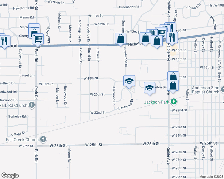 map of restaurants, bars, coffee shops, grocery stores, and more near 1909 Kerrwood Drive in Anderson