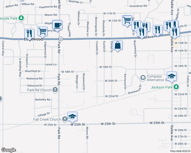 map of restaurants, bars, coffee shops, grocery stores, and more near 1918 Costello Drive in Anderson