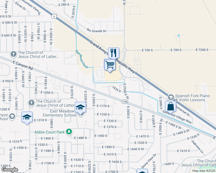 map of restaurants, bars, coffee shops, grocery stores, and more near 2368 1035 South in Spanish Fork