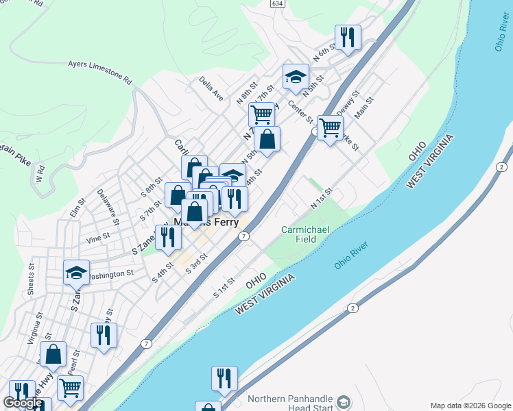 map of restaurants, bars, coffee shops, grocery stores, and more near 38 North 3rd Street in Martins Ferry