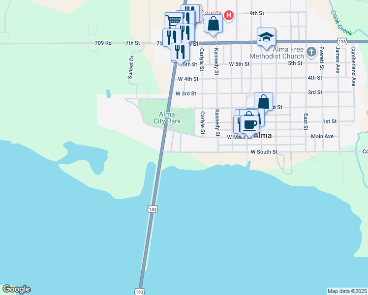 map of restaurants, bars, coffee shops, grocery stores, and more near 1114 South Street in Alma