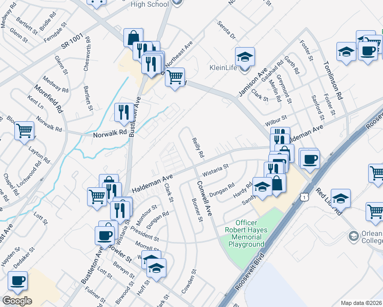 map of restaurants, bars, coffee shops, grocery stores, and more near 1917 Conwell Avenue in Philadelphia