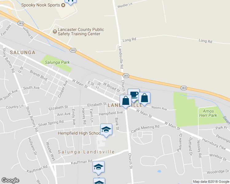 map of restaurants, bars, coffee shops, grocery stores, and more near 260 Broad Street in Salunga-Landisville