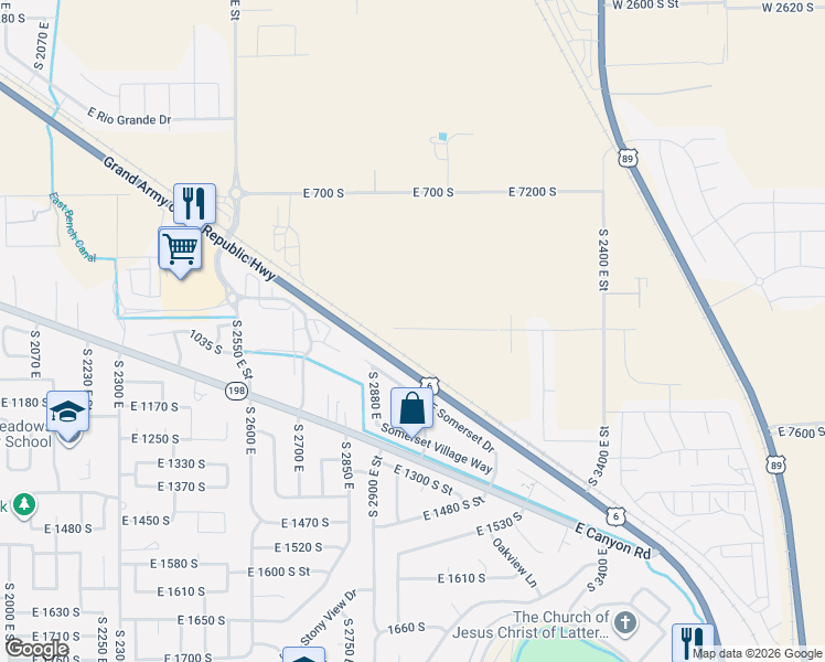 map of restaurants, bars, coffee shops, grocery stores, and more near 2911 East Somerset Drive in Spanish Fork