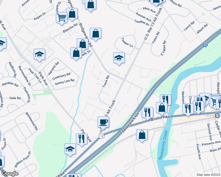 map of restaurants, bars, coffee shops, grocery stores, and more near 1003 Oldham Court in Bensalem