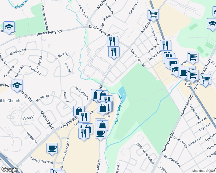 map of restaurants, bars, coffee shops, grocery stores, and more near 2342 Knights Road in Bensalem