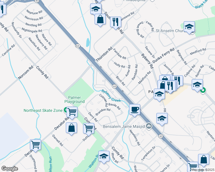 map of restaurants, bars, coffee shops, grocery stores, and more near 1340 Stewarts Way in Philadelphia