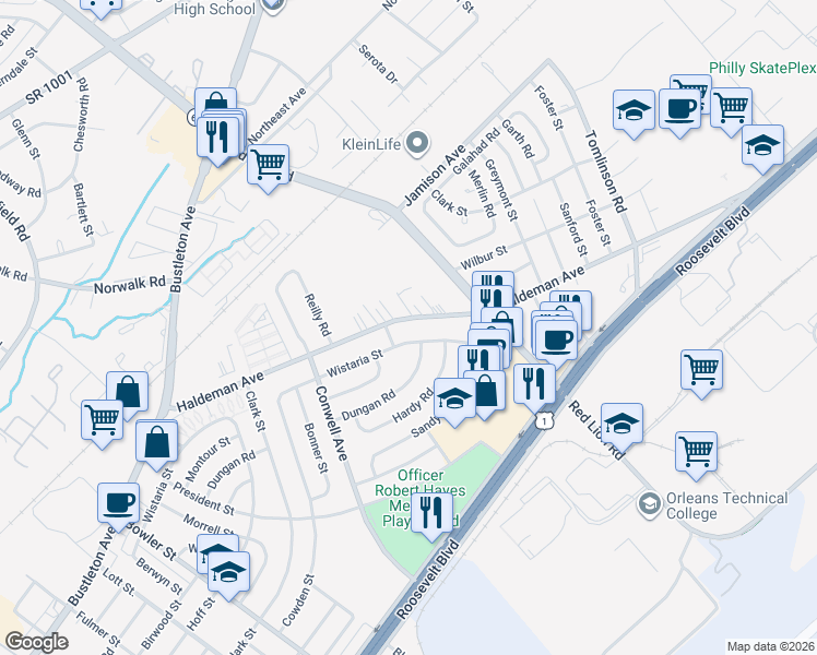 map of restaurants, bars, coffee shops, grocery stores, and more near 9972 Wistaria Street in Philadelphia