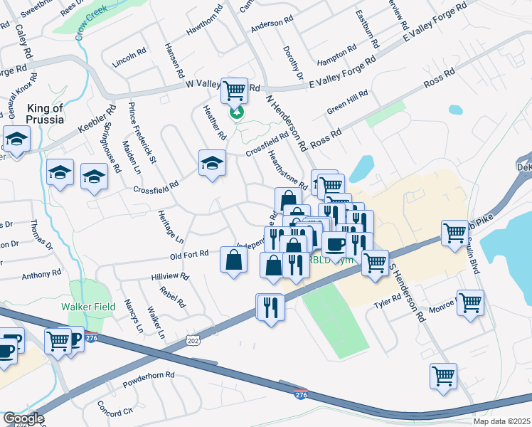 map of restaurants, bars, coffee shops, grocery stores, and more near 236 Strawberry Lane in King of Prussia