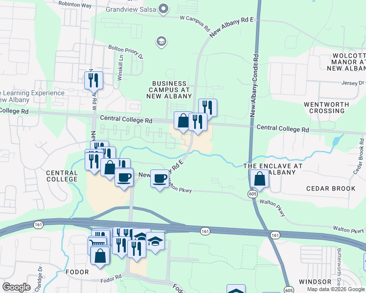 map of restaurants, bars, coffee shops, grocery stores, and more near 5501 New Albany Road East in New Albany