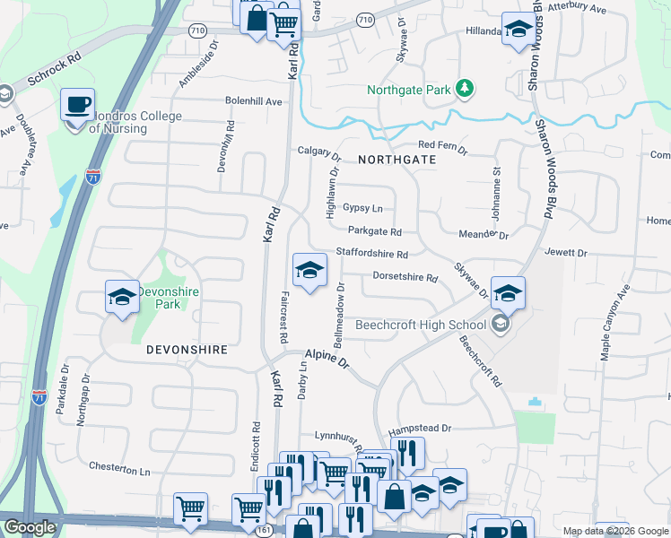 map of restaurants, bars, coffee shops, grocery stores, and more near 6321 Bellmeadow Drive in Columbus