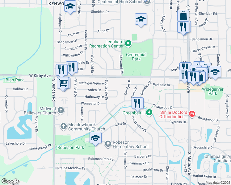 map of restaurants, bars, coffee shops, grocery stores, and more near 2404 Arden Court in Champaign