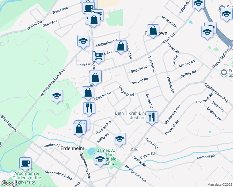 map of restaurants, bars, coffee shops, grocery stores, and more near 820 Downs Road in Erdenheim