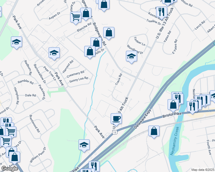 map of restaurants, bars, coffee shops, grocery stores, and more near 1130 Sheffield Court in Bensalem