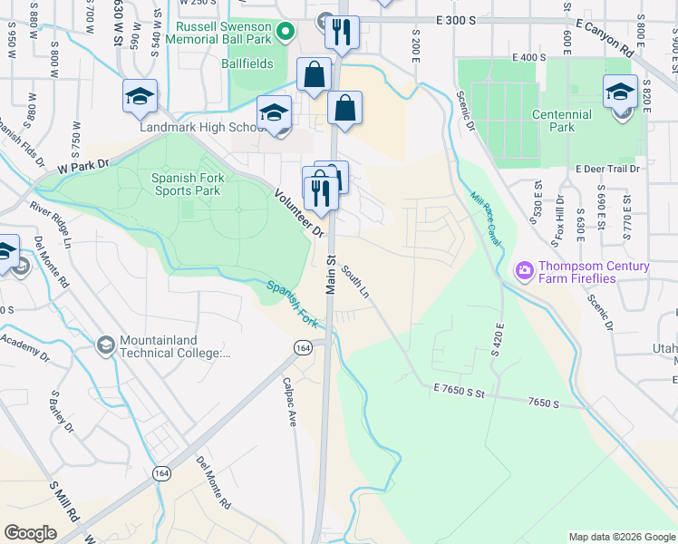 map of restaurants, bars, coffee shops, grocery stores, and more near 1005 South Main Street in Spanish Fork