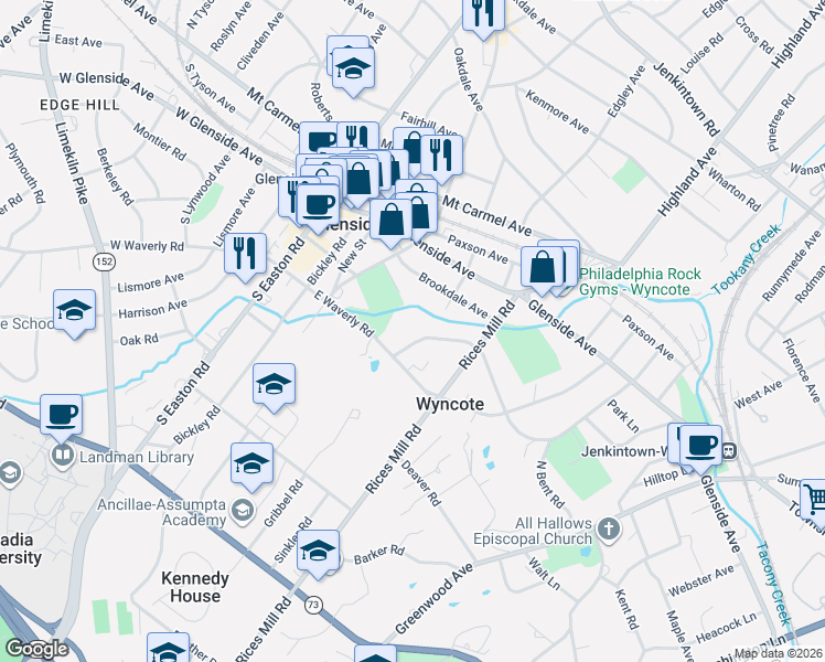 map of restaurants, bars, coffee shops, grocery stores, and more near 347 Hewett Road in Wyncote