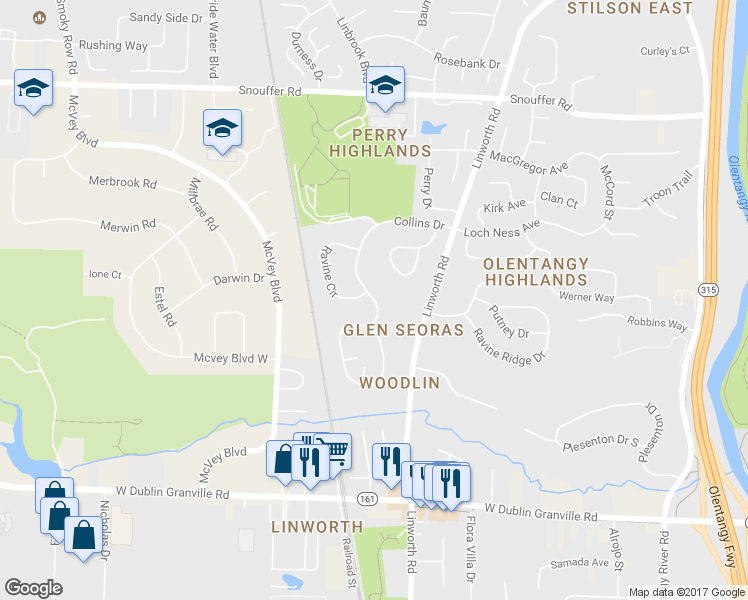 map of restaurants, bars, coffee shops, grocery stores, and more near 2433 Collins Drive in Worthington