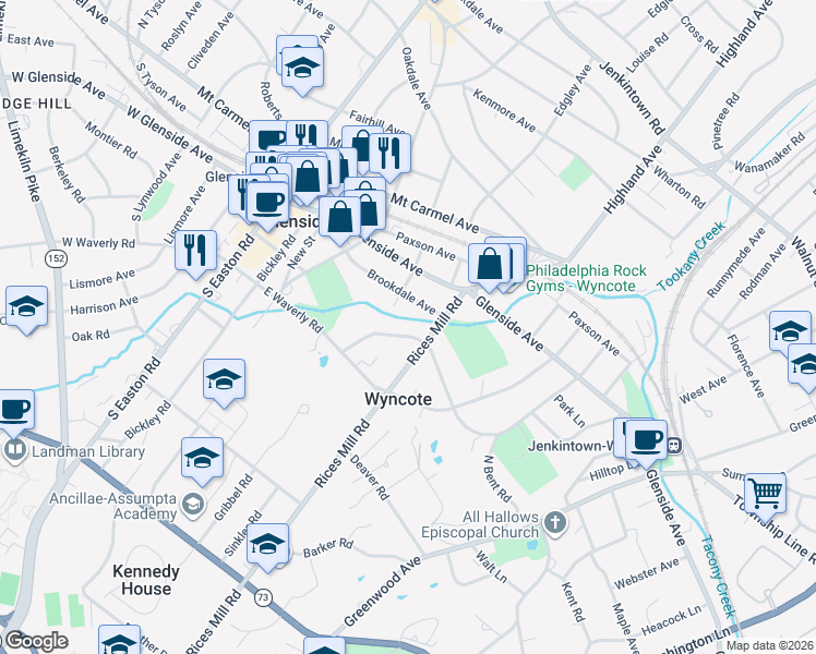 map of restaurants, bars, coffee shops, grocery stores, and more near 315 Hewett Rd in Wyncote