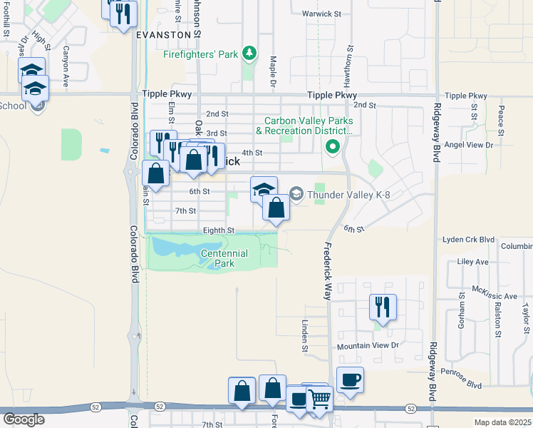 map of restaurants, bars, coffee shops, grocery stores, and more near 555 Eighth Street in Frederick