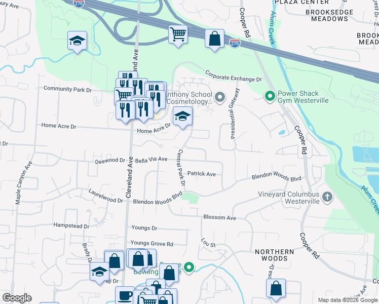 map of restaurants, bars, coffee shops, grocery stores, and more near 2740 Bella Via Avenue in Columbus