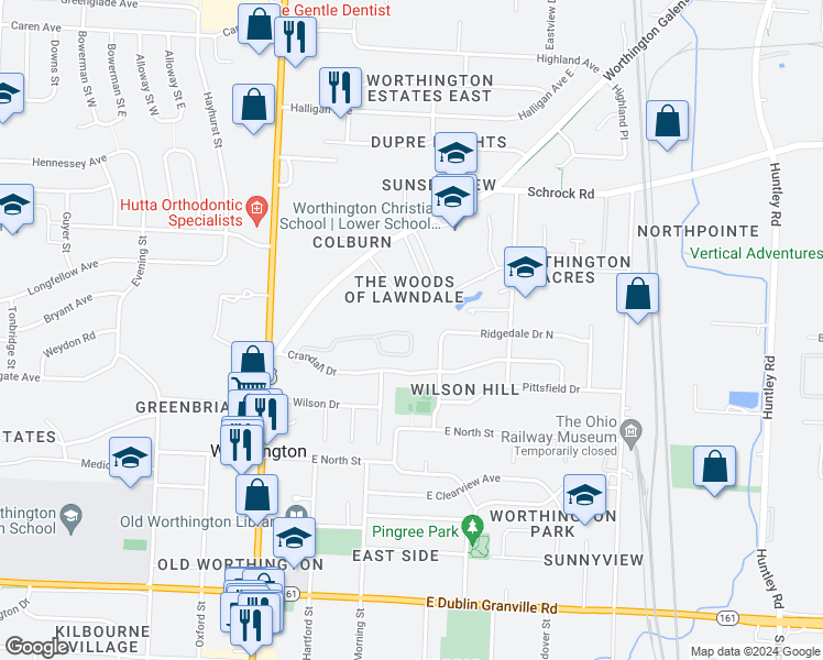 map of restaurants, bars, coffee shops, grocery stores, and more near 154 Glen Circle in Worthington