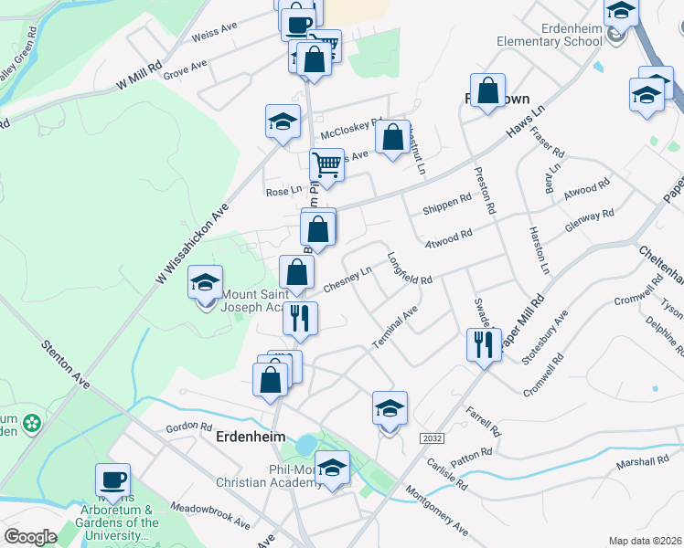 map of restaurants, bars, coffee shops, grocery stores, and more near 15 Chesney Lane in Erdenheim