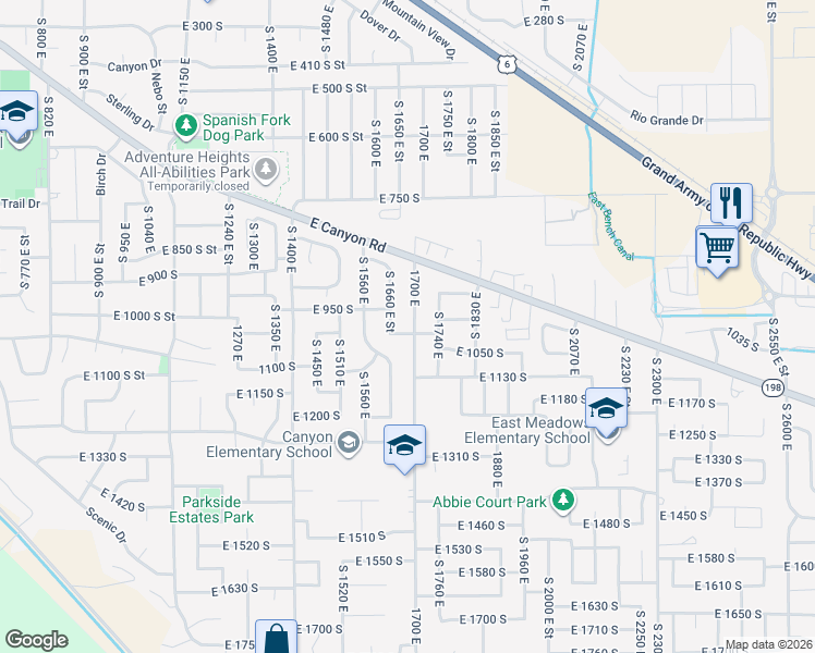map of restaurants, bars, coffee shops, grocery stores, and more near 1687 East 1000 South in Spanish Fork