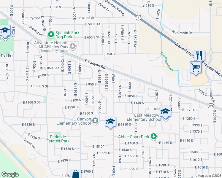 map of restaurants, bars, coffee shops, grocery stores, and more near 1687 East 1000 South in Spanish Fork