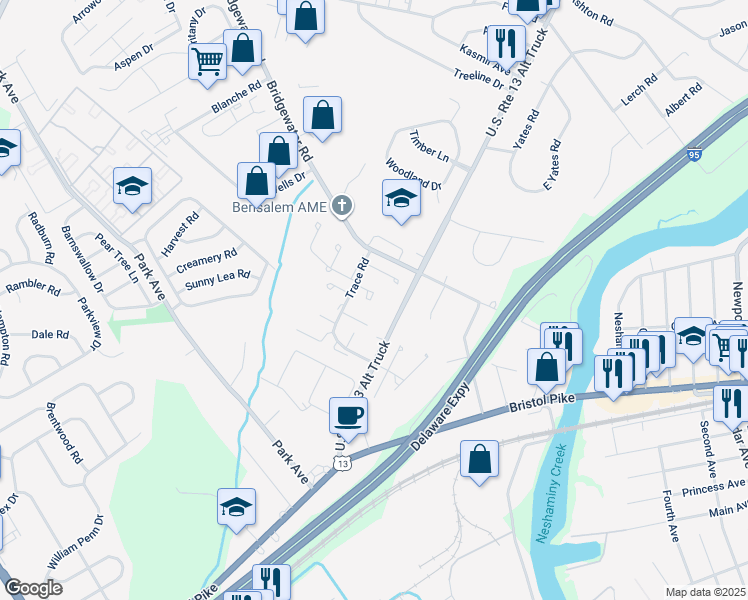 map of restaurants, bars, coffee shops, grocery stores, and more near 1015 Oldham Court in Bensalem