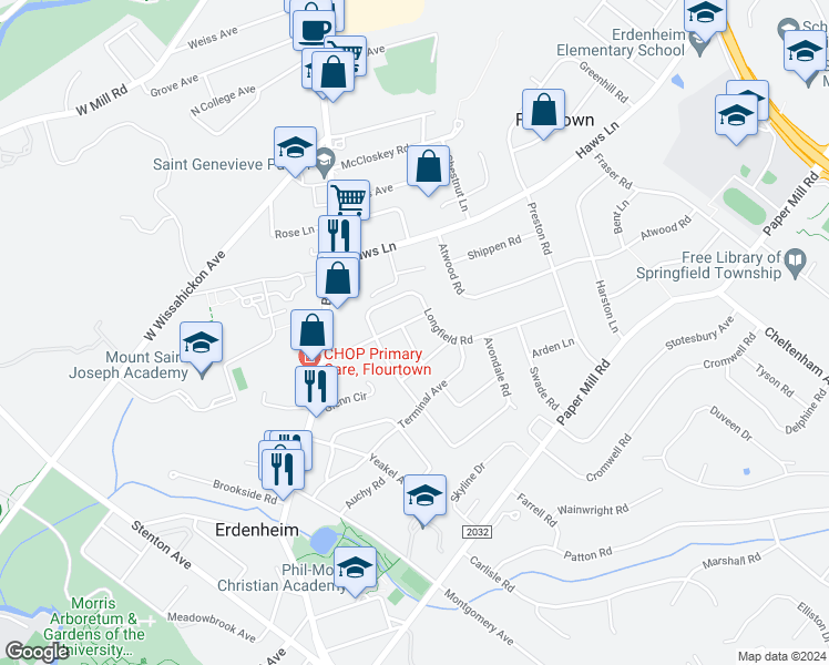 map of restaurants, bars, coffee shops, grocery stores, and more near 820 Downs Road in Erdenheim