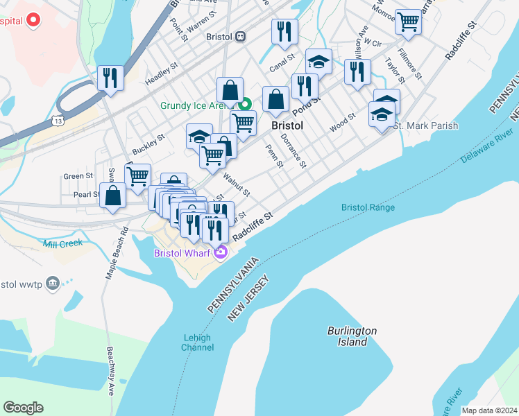 map of restaurants, bars, coffee shops, grocery stores, and more near 336 Cedar Street in Bristol